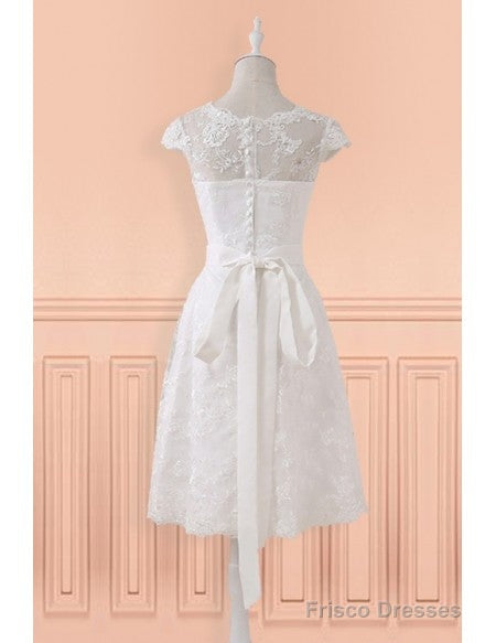 Lace Short Belt Cap Sleeve Wedding Reception Dress For Mature Brides Main image