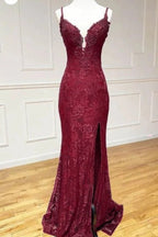 Lace Spaghetti Straps V-Neck Mermaid Formal Prom Dress With Slit