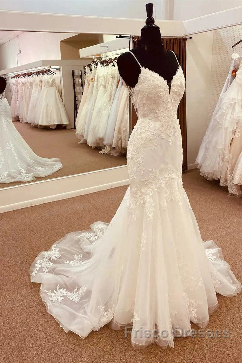 Lace Straps Backless Trumpet Long Wedding Dress