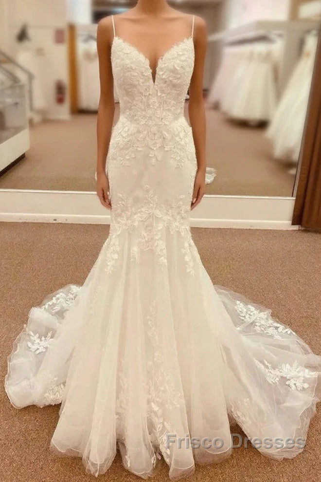 Lace Straps Backless Trumpet Long Wedding Dress
