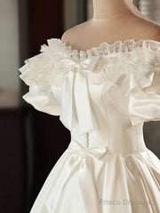Lace Tea Length Bowknot White Satin Wedding Dress