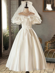Lace Tea Length Bowknot White Satin Wedding Dress