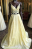 Lace Top Long Satin V Neck Two Pieces Yellow Formal Prom Dress