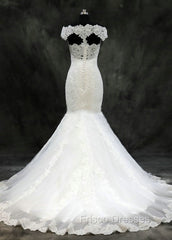 Lace Trumpet/Mermaid Sweep Train Off-The-Shoulder Wedding Dress