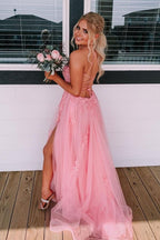 Lace Up Back Pink A-Line Empire-Waist Lace Appliques Long Formal Prom Dress