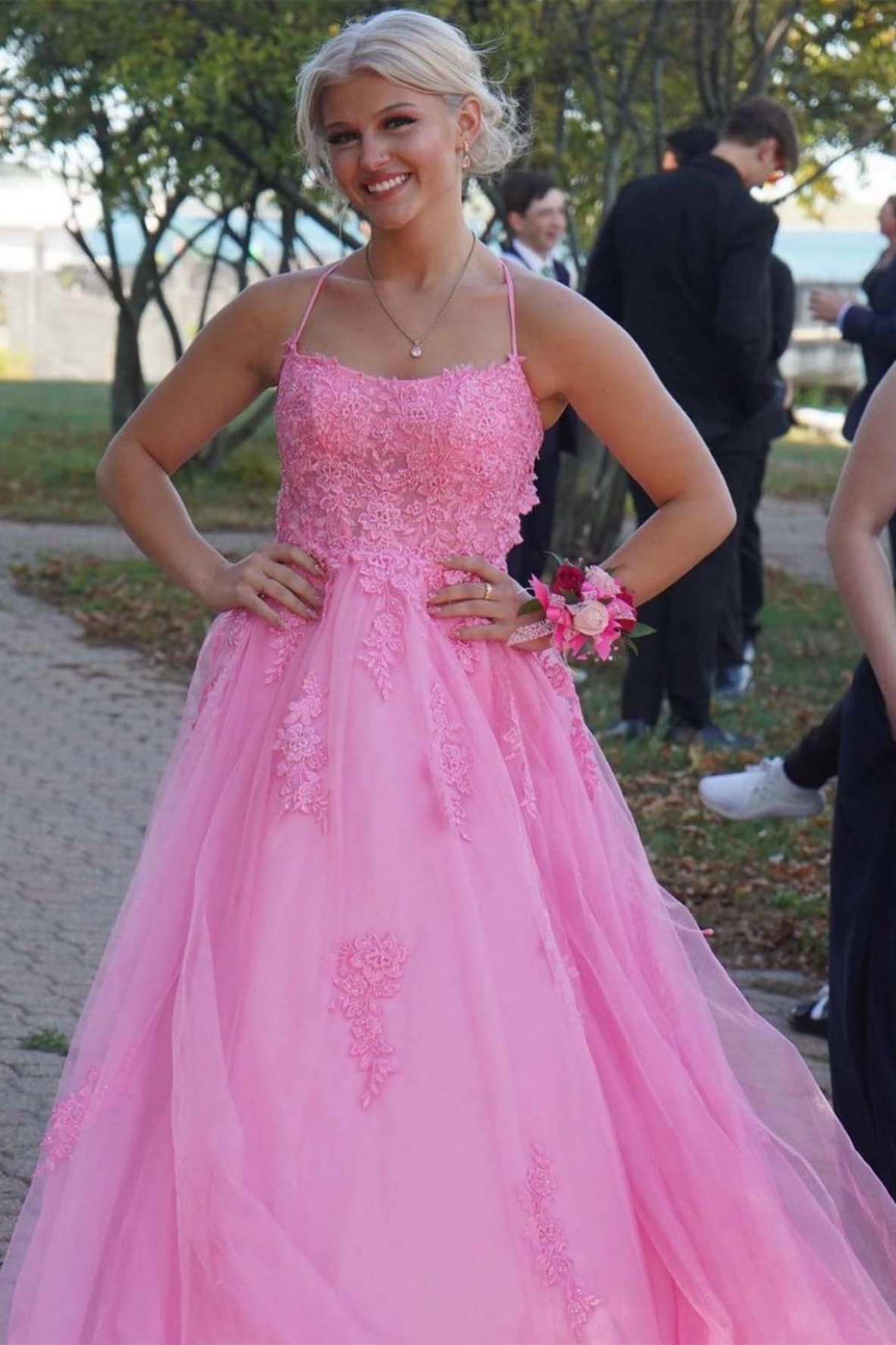Lace Up Back Pink A-Line Empire-Waist Lace Appliques Long Formal Prom Dress