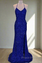 Lace-Up High Slit Royal Blue Glitters Long Party Dress