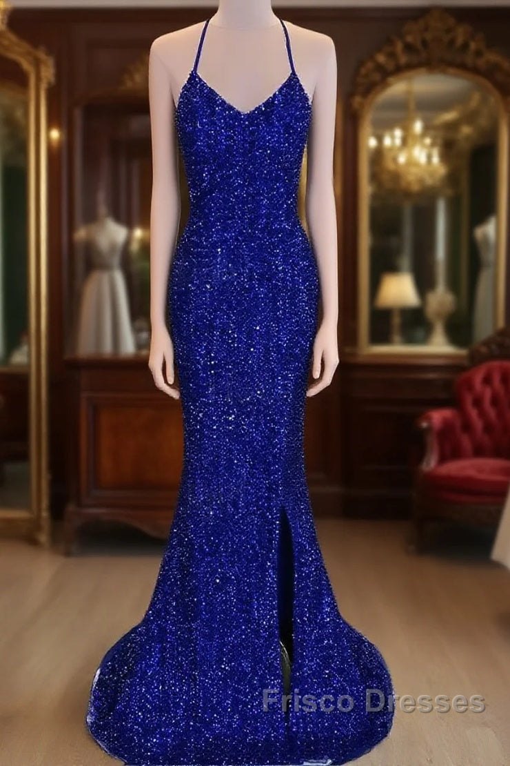 Lace-Up High Slit Royal Blue Glitters Long Party Dress Main image