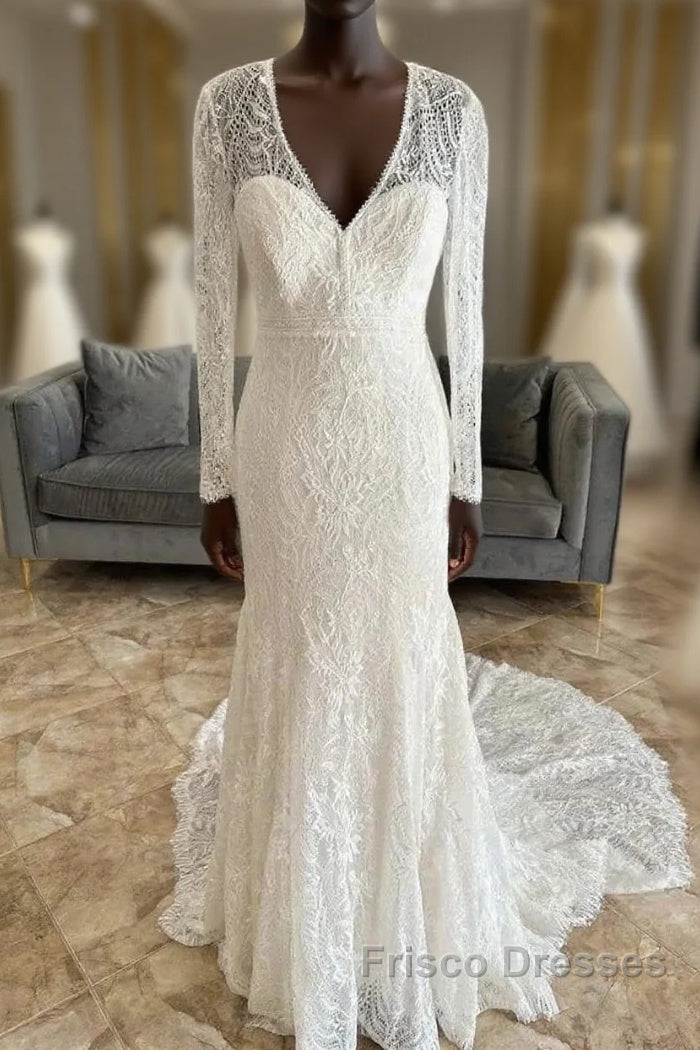 Lace V-Neck Lace-Up Back Long Sleeve Mermaid Wedding Dress Main image