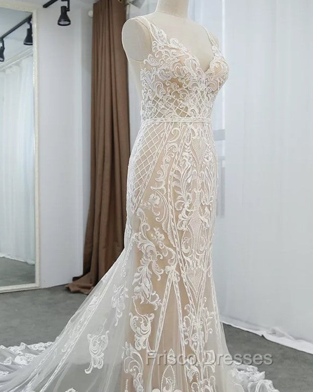 Lace V Neck Mermaid Wedding Dress