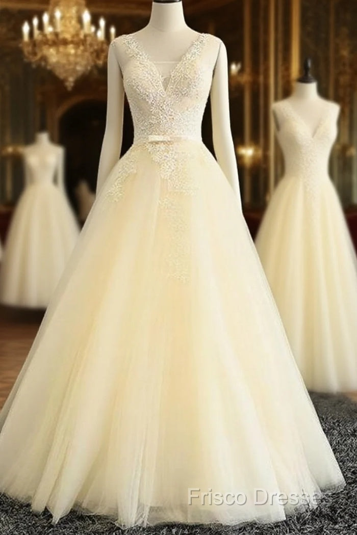 Lace Wedding Dress, Lovely Light Champagne Tulle Long Lace Formal Prom Dress Main image