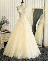Lace Wedding Dresses, Lovely Light Champagne Tulle Long Lace Prom Dress