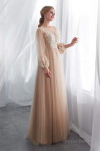 Lantern Sleeve Champagne Appliques Long Prom Dresses