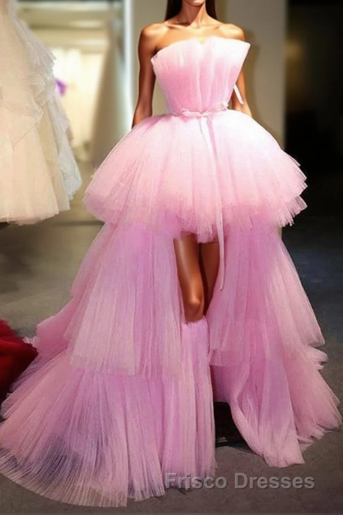 Latest High Low A-line Strapless Tulle Pink Formal Prom Dress
