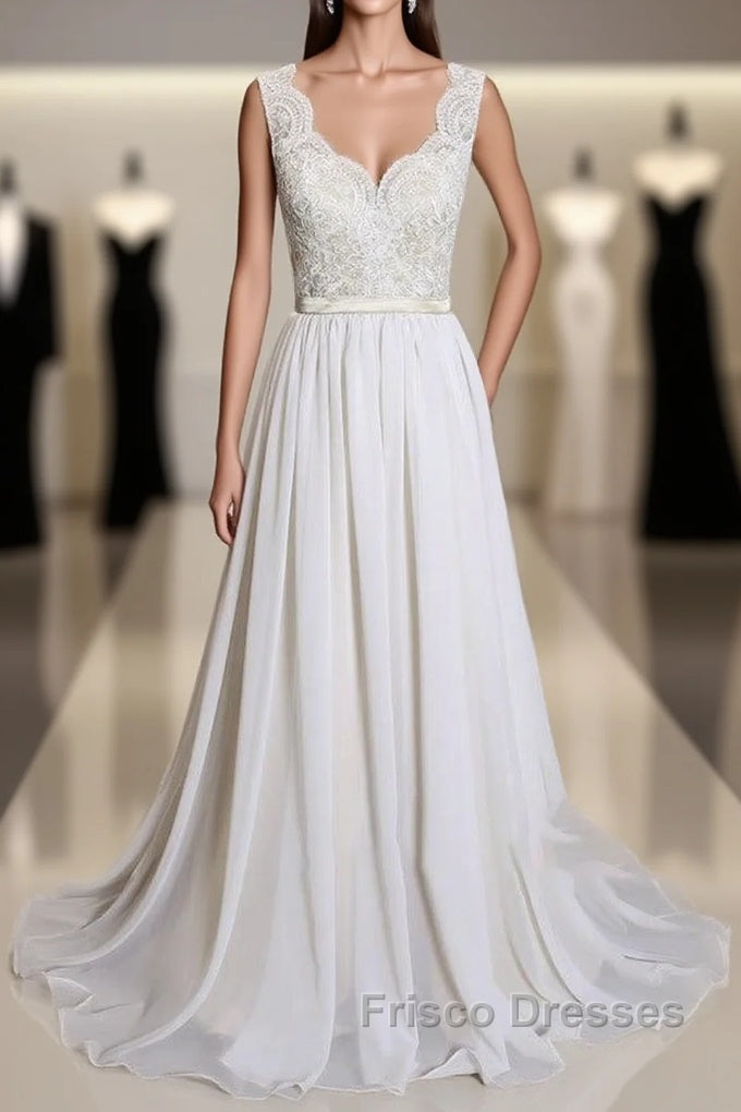 Latest Long A-line V-neck Lace Chiffon Wedding Dress Main image