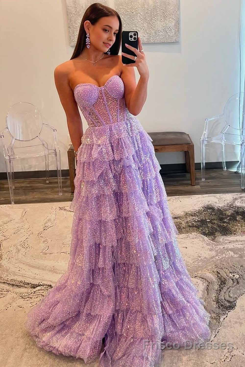 Lavender A-Line Sweetheart Sequins Long Prom Dresses With Split Secondary image