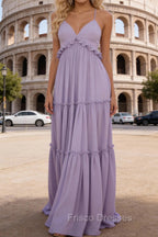 Lavender A-line V Neck Sleeveless Floor-Length Chiffon Prom Dress Long Prom Dresses Backless with Pleated Ruffles