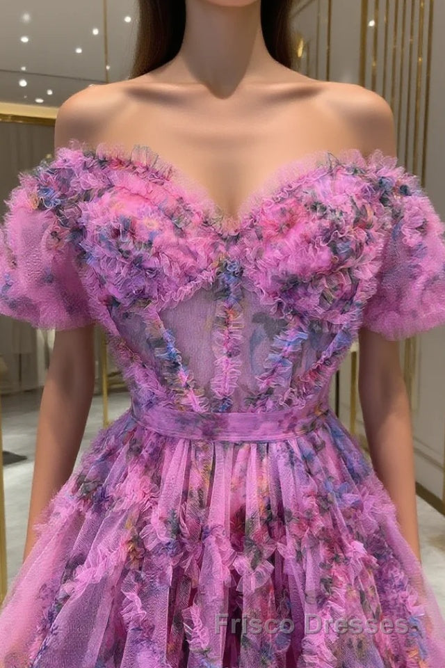 Lavender & Fuchsia Off-the-Shoulder Ruffles Homecoming Dress