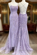 Lavender Lace Corset Formal Prom Dress Mermaid Scoop Evening Dress With Beading