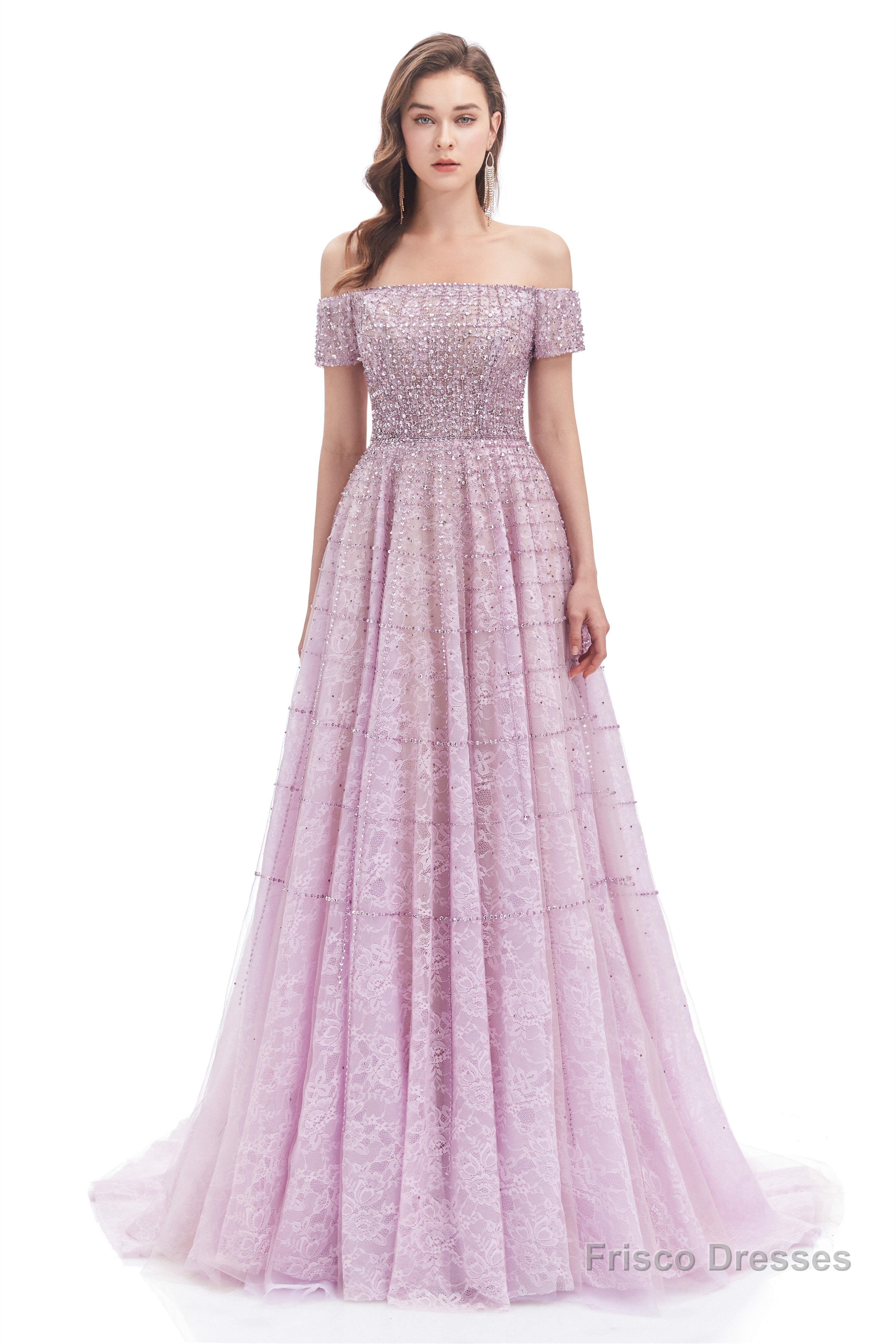 Lavender Lace Off the Shoulder Beaded Sequins Sweep-Train A-Line Prom Dresses Main image