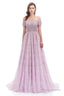 Lavender Lace Off the Shoulder Beaded Sequins Sweep-Train A-Line Prom Dresses
