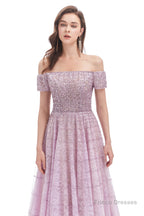 Lavender Lace Off the Shoulder Beaded Sequins Sweep-Train A-Line Prom Dresses