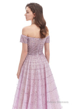 Lavender Lace Off the Shoulder Beaded Sequins Sweep-Train A-Line Prom Dresses