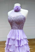 Lavender Long Tiered Violet Formal Prom Dress Ruffle High Neck With 3D Flower