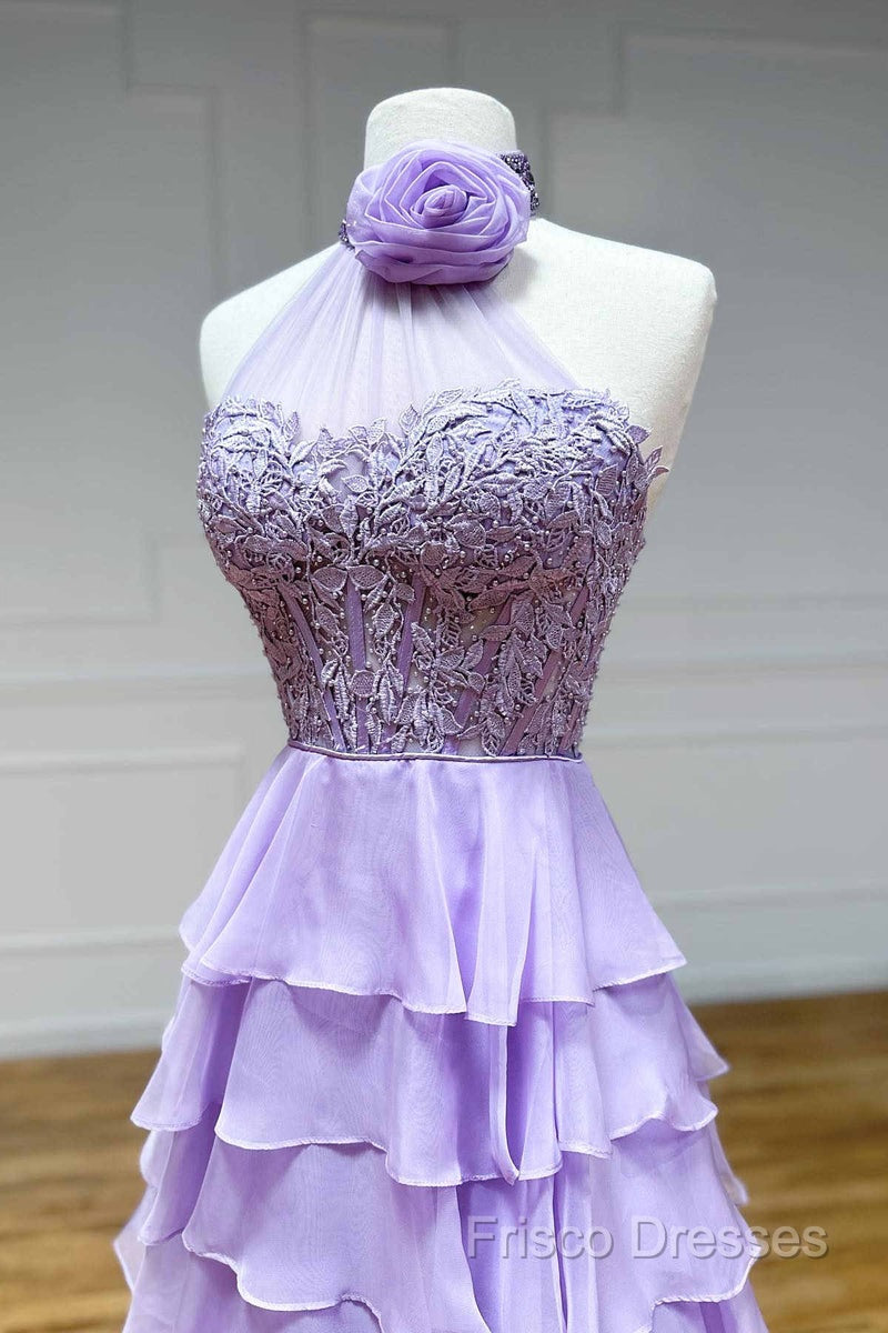 Lavender Long Tiered Violet Formal Prom Dress Ruffle High Neck With 3D Flower
