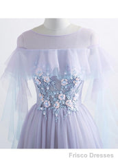 Lavender Off Shoulder Flower Lace Long Party Dress, A-line Purple Prom Dress Formal Dress