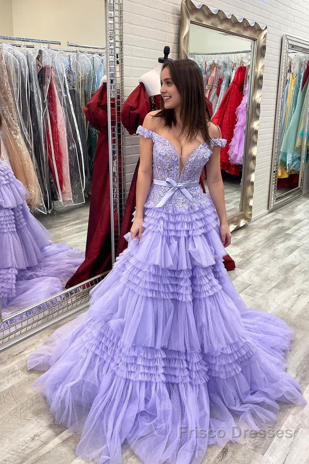 Lavender Off Shoulder Tiered Prom Dress with Lace Secondary image