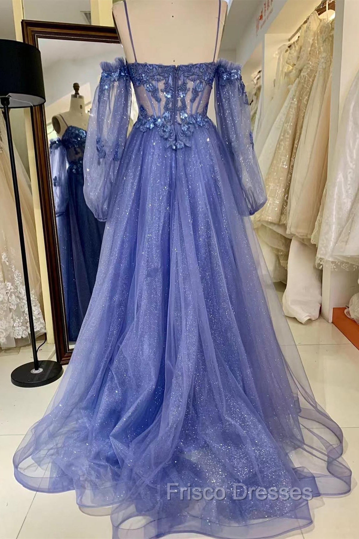 Lavender Off-The-Shoulder Sequins Applique Boning Long Formal Prom Dress