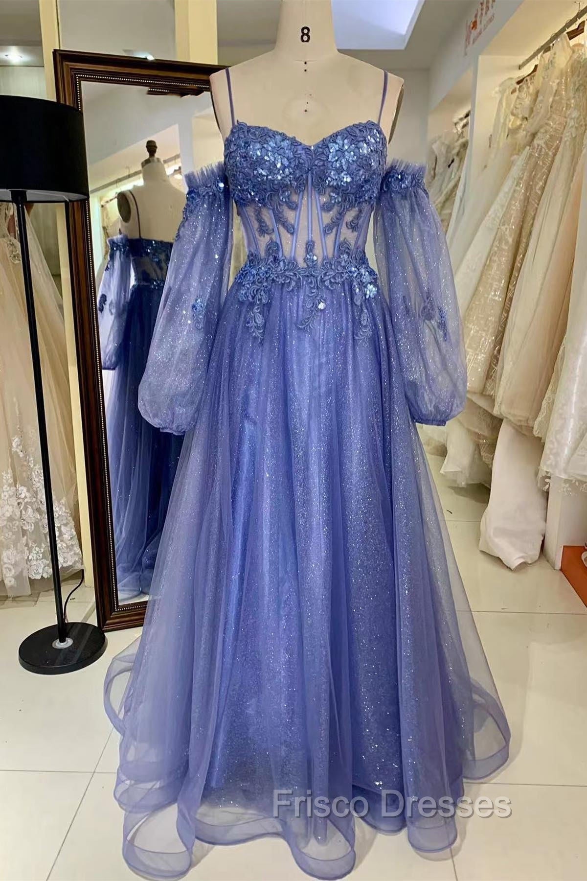 Lavender Off-The-Shoulder Sequins Applique Boning Long Formal Prom Dress