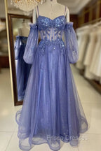 Lavender Off-The-Shoulder Sequins Applique Boning Long Formal Prom Dress