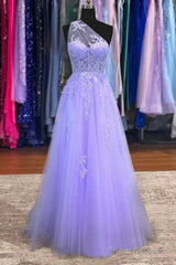 Lavender One Shoulder Appliques Lace Prom Dress