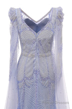 Lavender Prom Dresses Mermaid Heavily Beading Tulle Women Luxury Evening Dresses With Long Sleeves