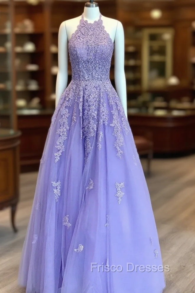 Lavender Formal Prom Dress, Princess Halter Long/Floor-Length Lace Tulle Formal Prom Dress With Appliqued Beading Main image