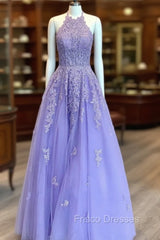 Lavender Formal Prom Dress, Princess Halter Long/Floor-Length Lace Tulle Formal Prom Dress With Appliqued Beading
