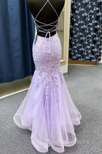 Lavender Spaghetti Straps Mermaid Formal Prom Dress With Appliques