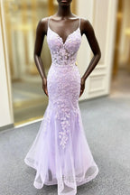 Lavender Spaghetti Straps Mermaid Formal Prom Dress With Appliques