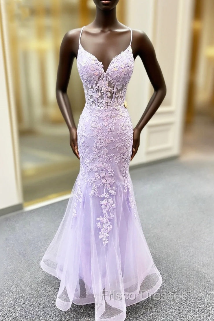 Lavender Spaghetti Straps Mermaid Formal Prom Dress With Appliques