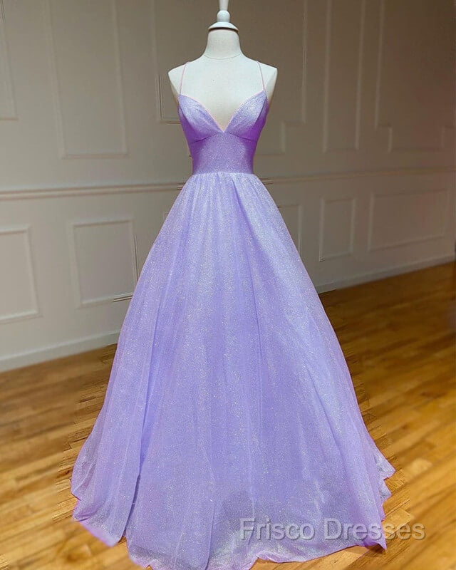 Lavender Sparkly Formal Prom Dress V Neck Ball Gown