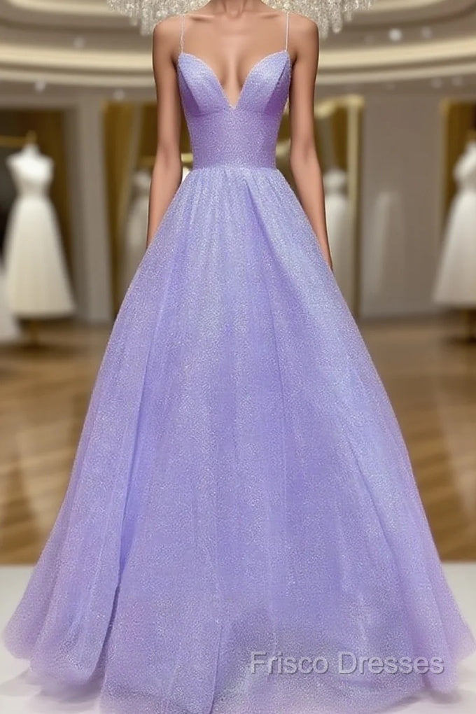 Lavender Sparkly Formal Prom Dress V Neck Ball Gown