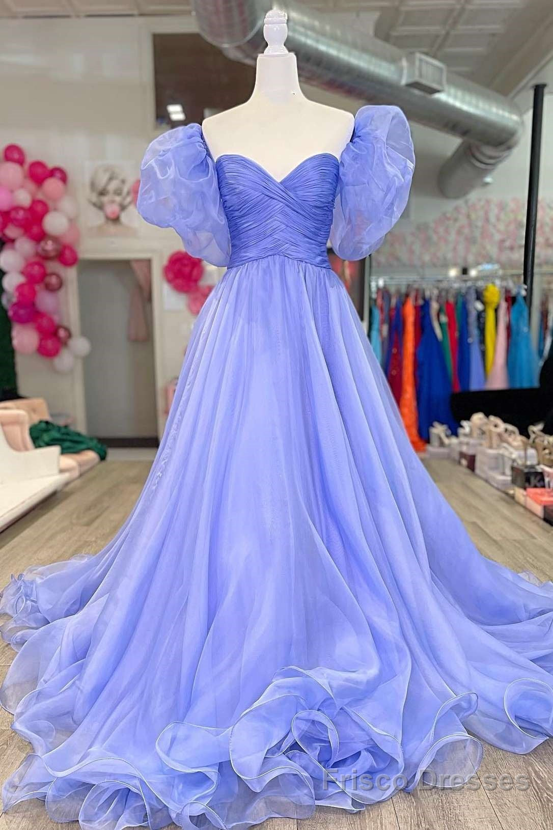 Lavender Strapless A-Line Organza Court Train Prom Dress with Puff Sleeves Main image