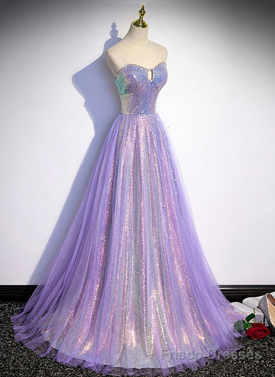 Lavender Tulle and Sequins Sweetheart Long Pary Dress, A-line Prom Dress Formal Dresses Main image