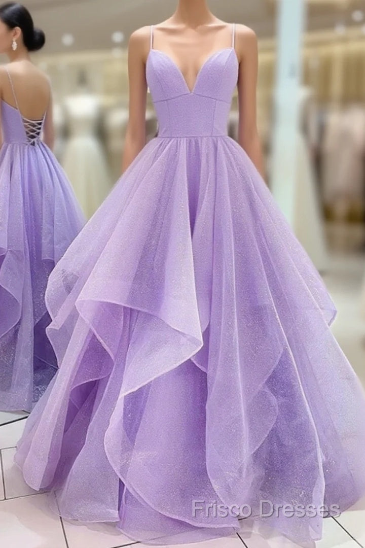 Lavender Tulle Long A-Line Formal Prom Dress, Lavender Beautiful Spaghetti Strap Formal Dress