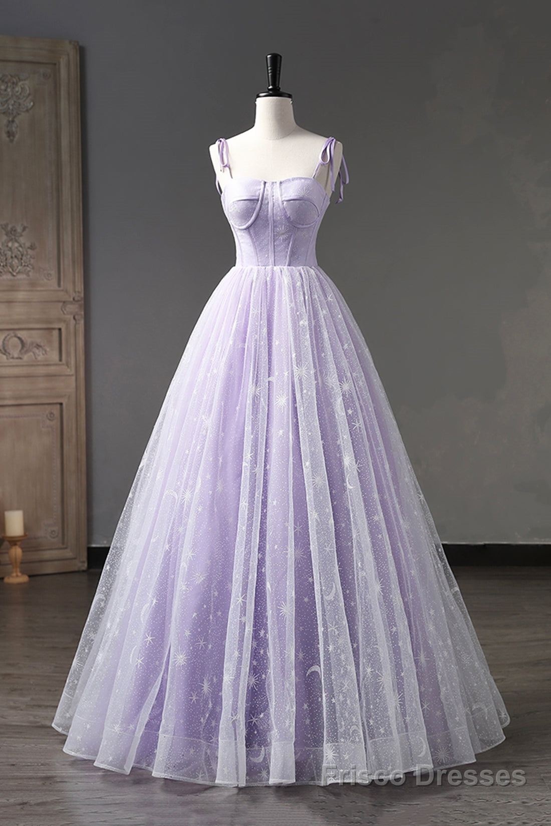 Lavender Tulle Straps Floor Length Evening Dress, Lavender A-Line Prom Dress Secondary image