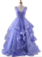 Lavender Tulle V-Neckline Layers Long Sweet 16 Dress, Light Purple Formal Prom Dress Party Dress