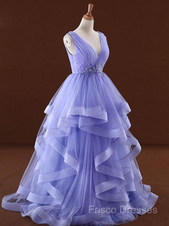 Lavender Tulle V-Neckline Layers Long Sweet 16 Dress, Light Purple Formal Prom Dress Party Dress