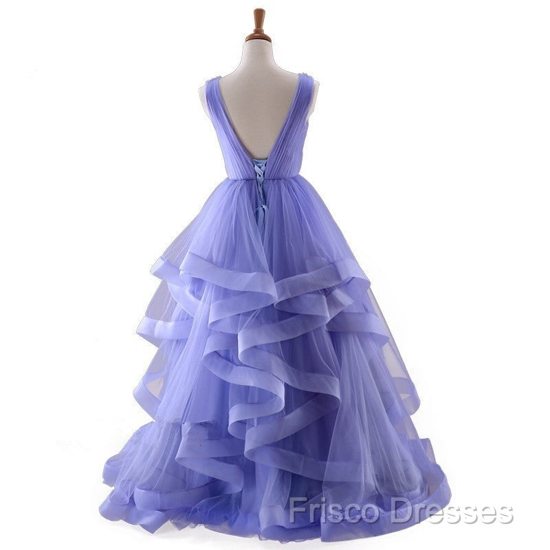 Lavender Tulle V-Neckline Layers Long Sweet 16 Dress, Light Purple Formal Prom Dress Party Dress